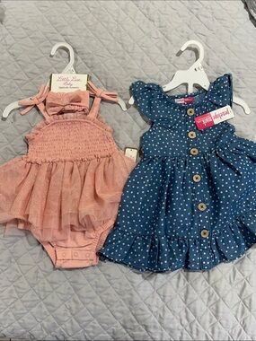 Sparkle Pink Tulle Romper & Polka Dot Blue Dress Set